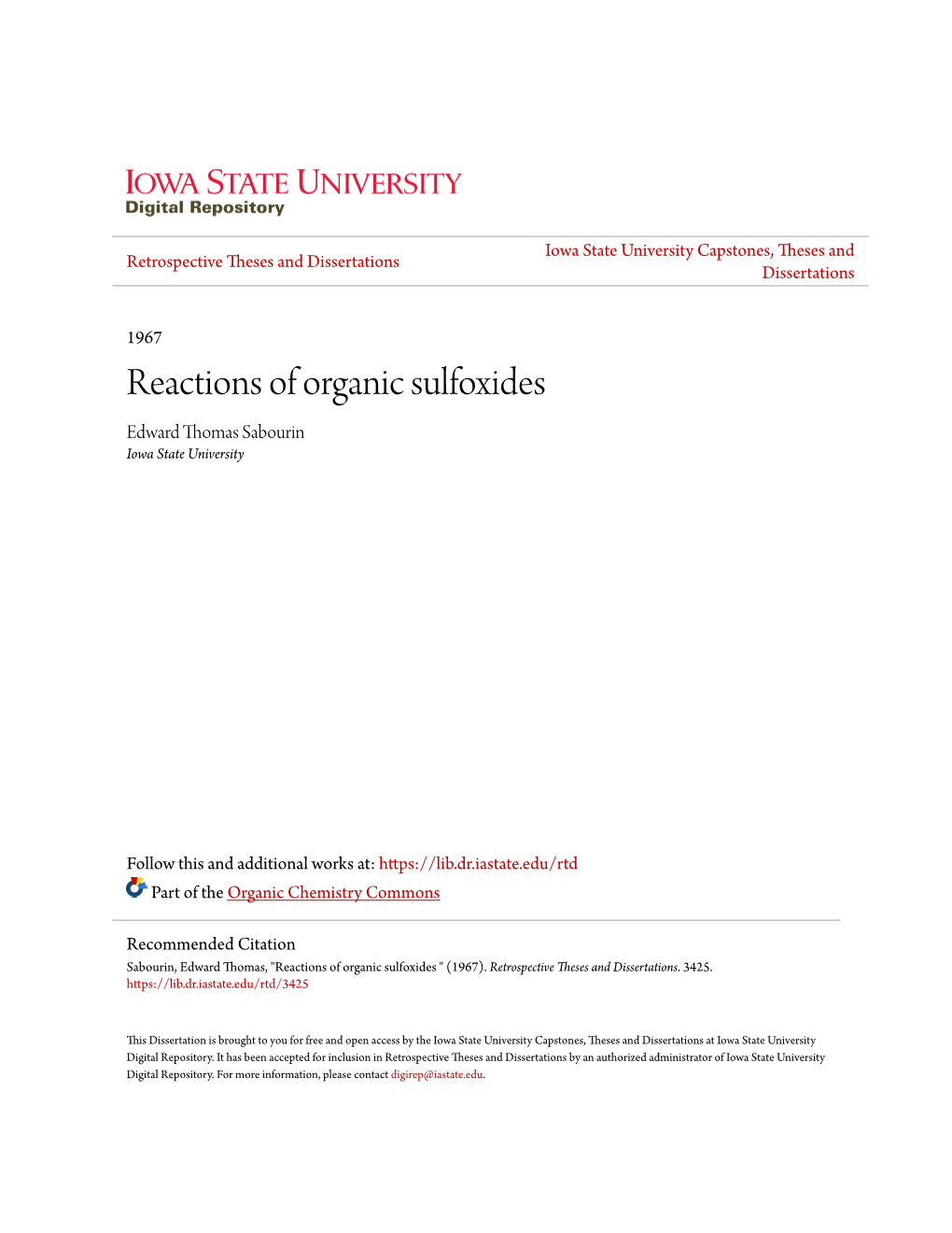 Reactions of Organic Sulfoxides Edward Thomas Sabourin Iowa State University