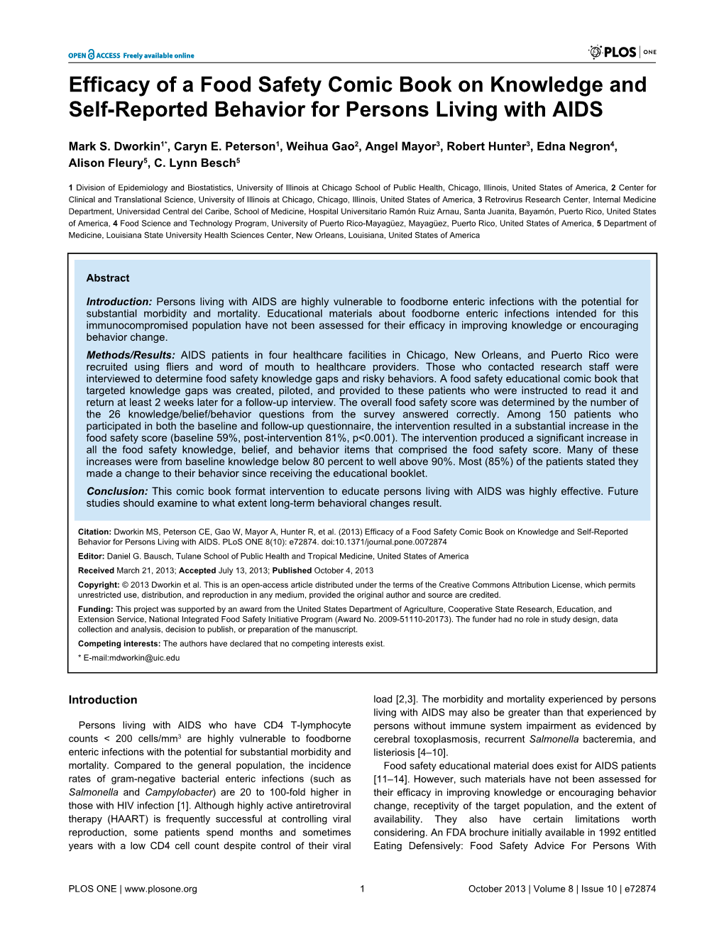 Efficacy of a Food Safety Comic Book on Knowledge and Self-Reported Behavior for Persons Living with AIDS