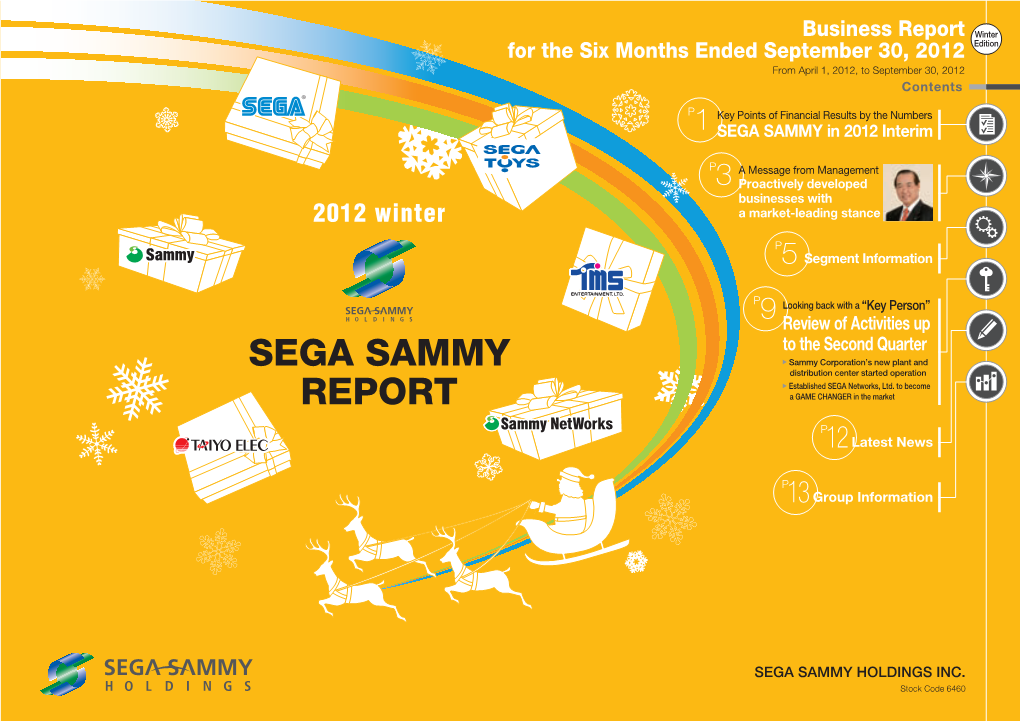 SEGA SAMMY HOLDINGS INC. Stock Code 6460 Key Points of Financial Results by the Numbers (First Half) SEGA SAMMY in 2012Interim Net Sales