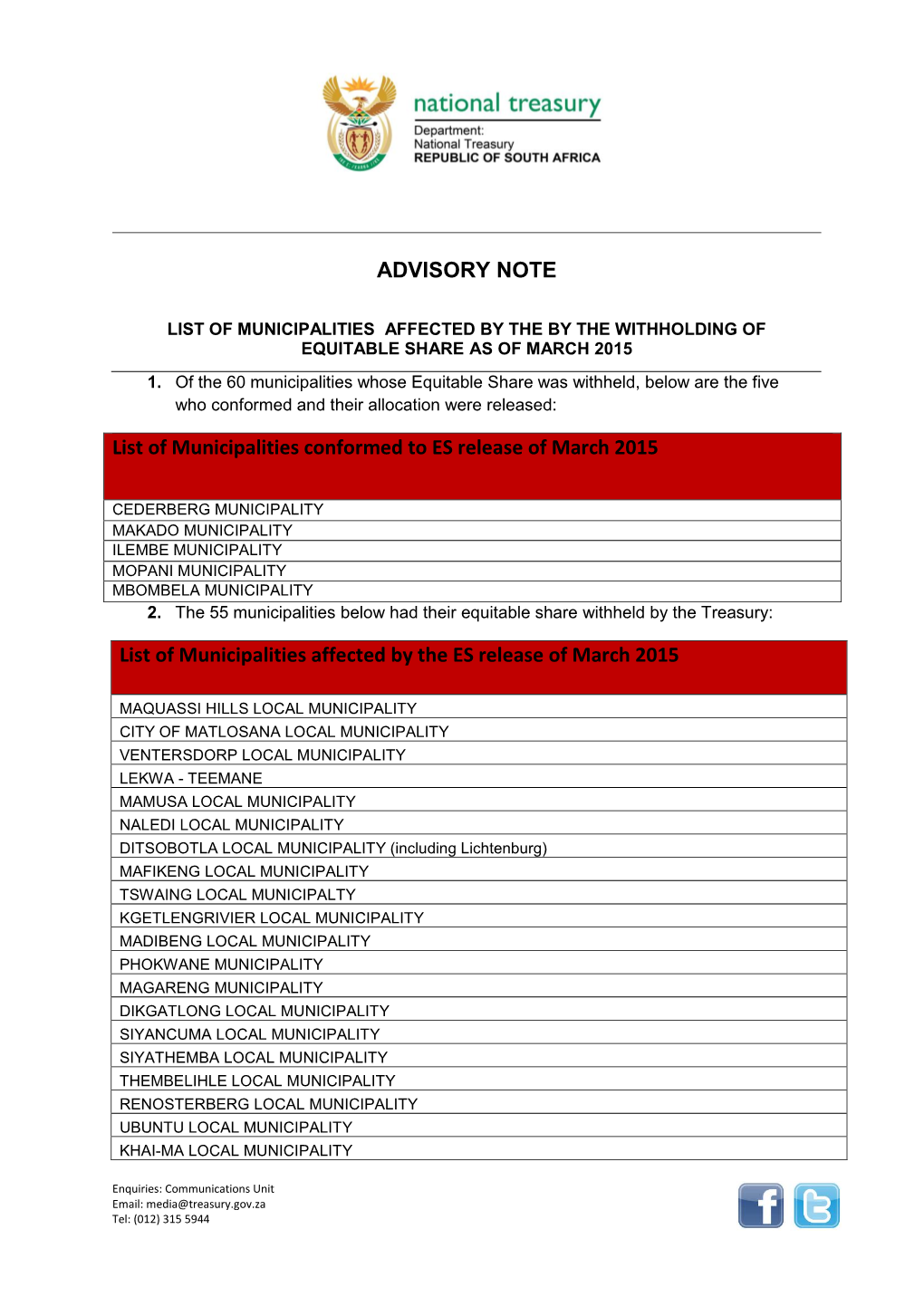 Advisory Note: List of Municipalities Affected by the Withholding Of