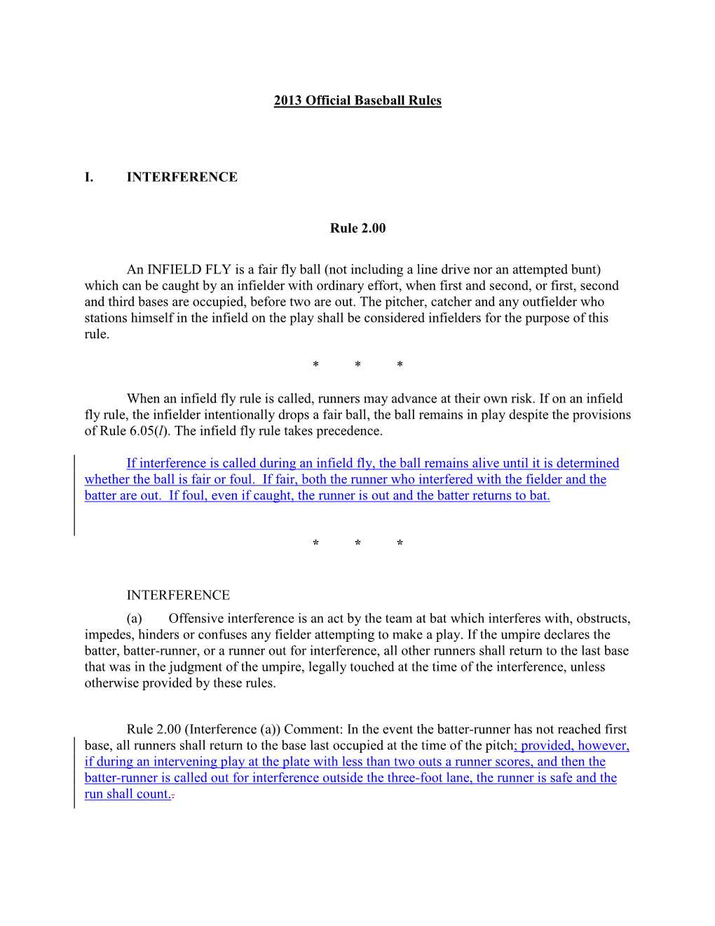 2013 Official Baseball Rules I. INTERFERENCE Rule 2.00 An