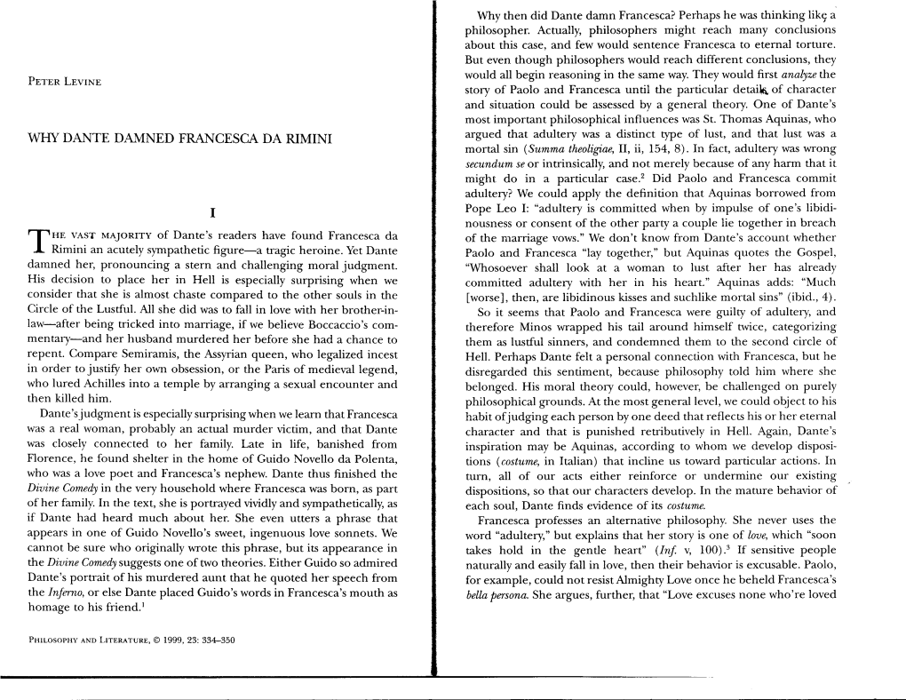 WHY DANTE DAMNED FRANCESCA DA RIMINI Mortal Sin (Summa Theoligiae, II, Ii, 154, 8)