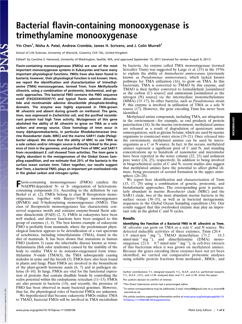 Bacterial Flavin-Containing Monooxygenase Is Trimethylamine Monooxygenase