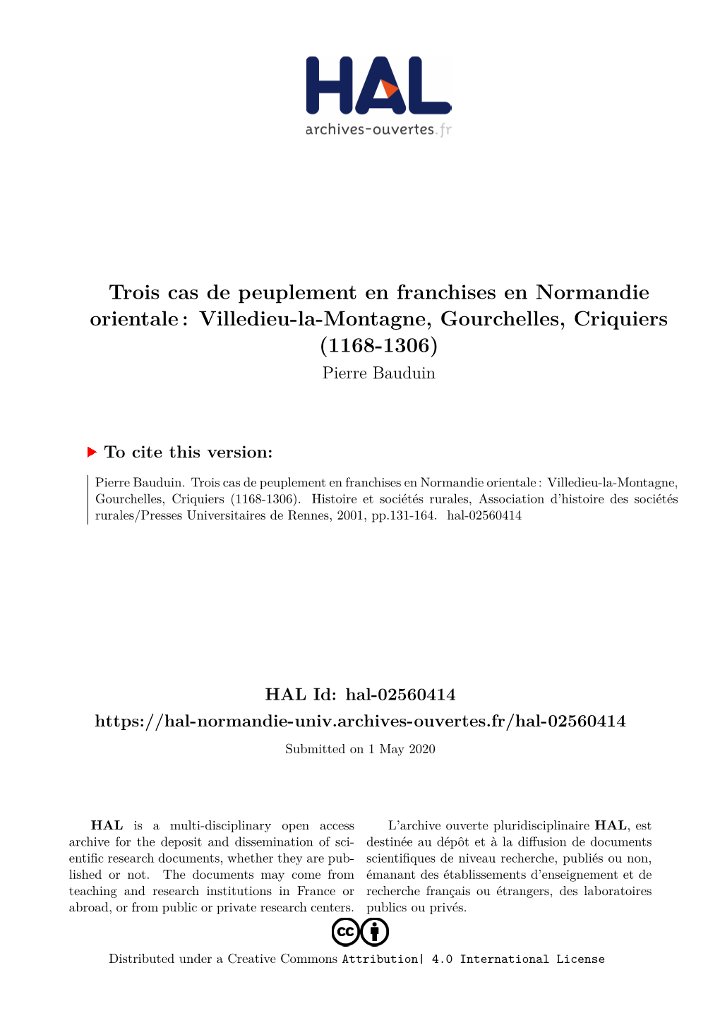 Villedieu-La-Montagne, Gourchelles, Criquiers (1168-1306) Pierre Bauduin