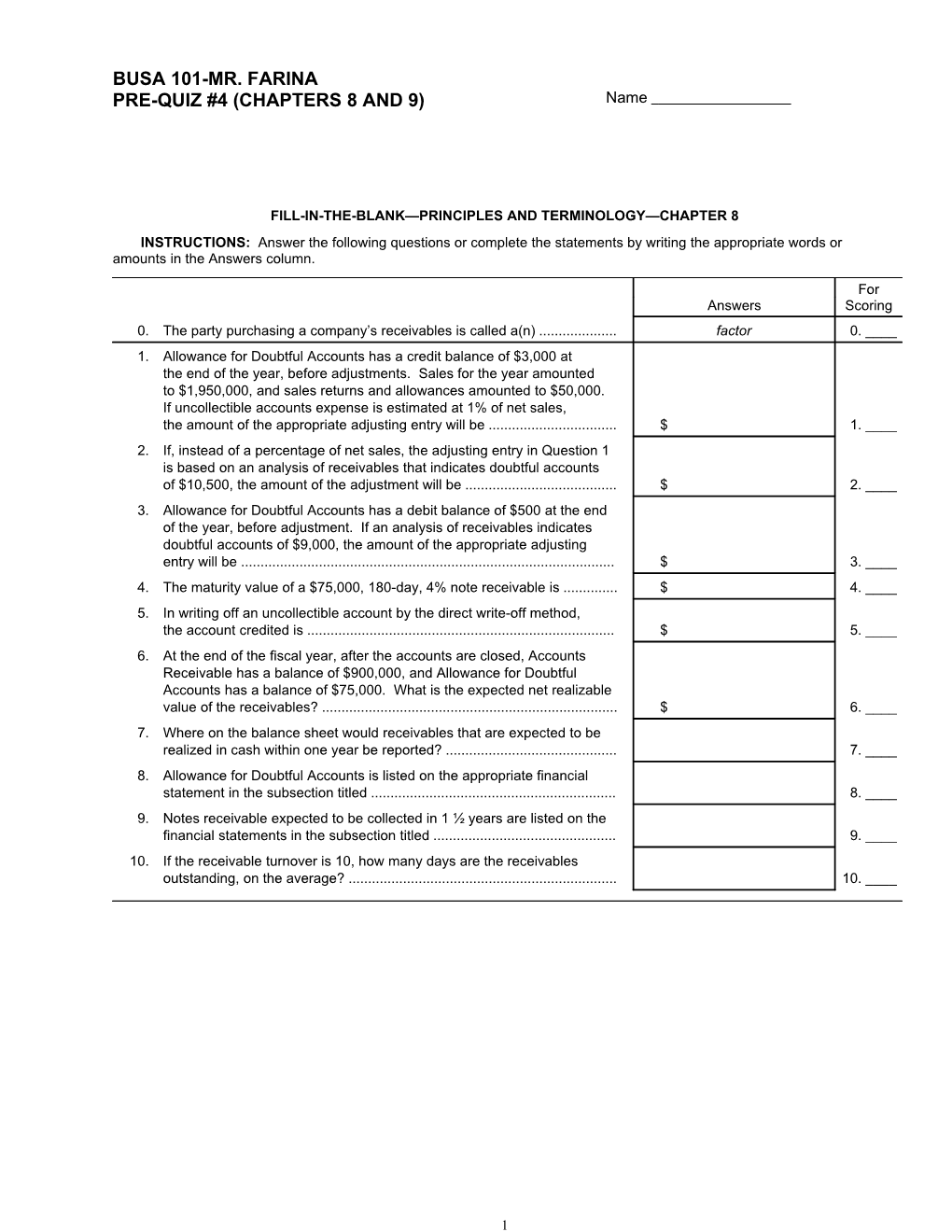 Pre-Quiz #4 (Chapters 8 and 9)