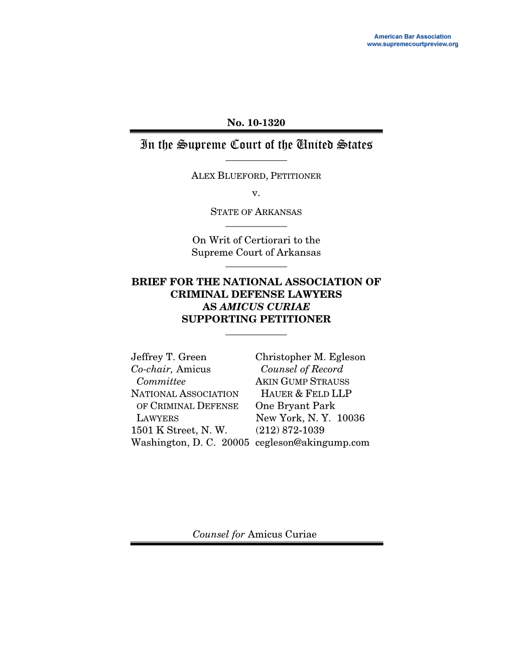 Brief of Petitioner for Blueford V. Arkansas, 10-1320