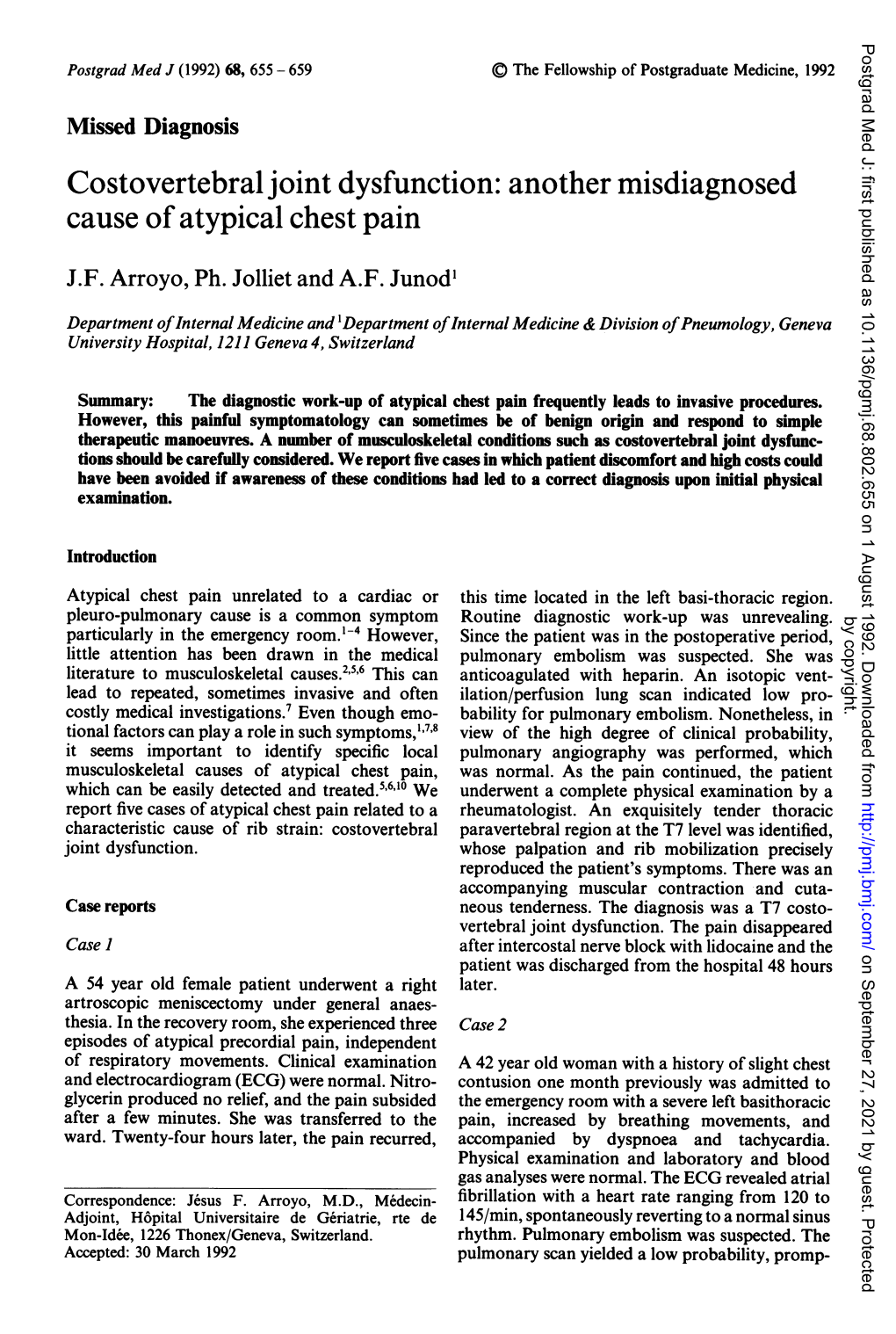 Costovertebral Joint Dysfunction: Another Misdiagnosed Cause Ofatypical Chest Pain J.F