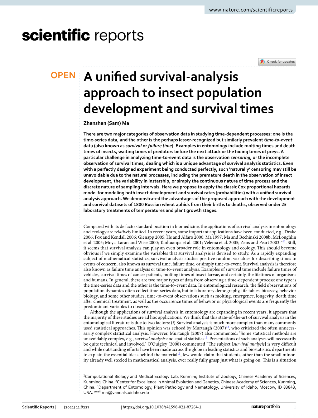 A Unified Survival-Analysis Approach to Insect Population Development