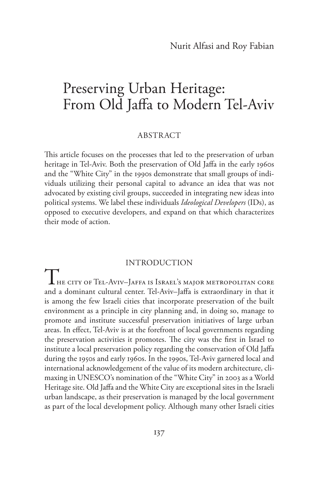 Preserving Urban Heritage: from Old Jaffa to Modern Tel-Aviv