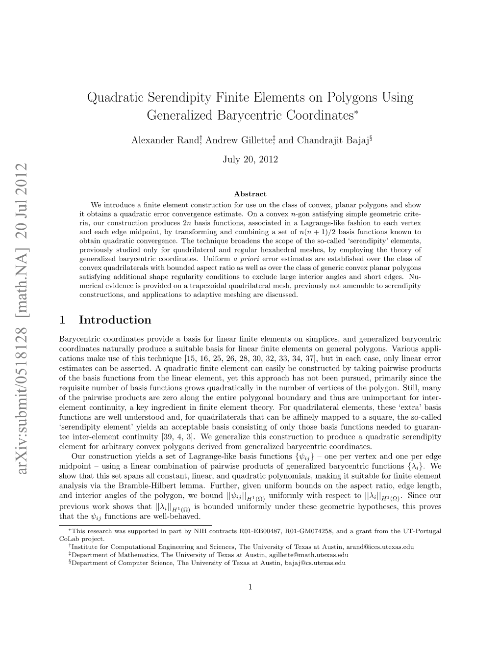 Quadratic Serendipity Finite Elements on Polygons Using Generalized Barycentric Coordinates∗