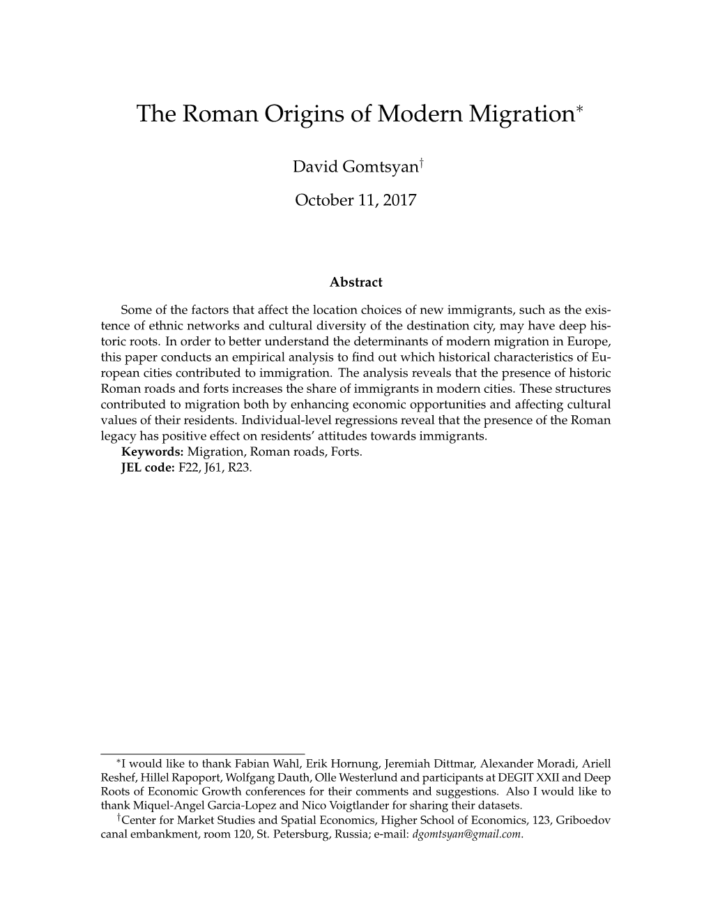 The Roman Origins of Modern Migration∗