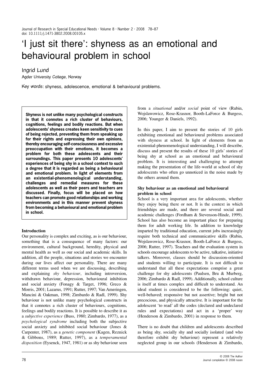 Shyness As an Emotional and Behavioural Problem in School