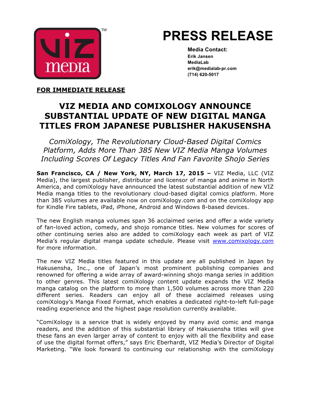 PRESS RELEASE Media Contact