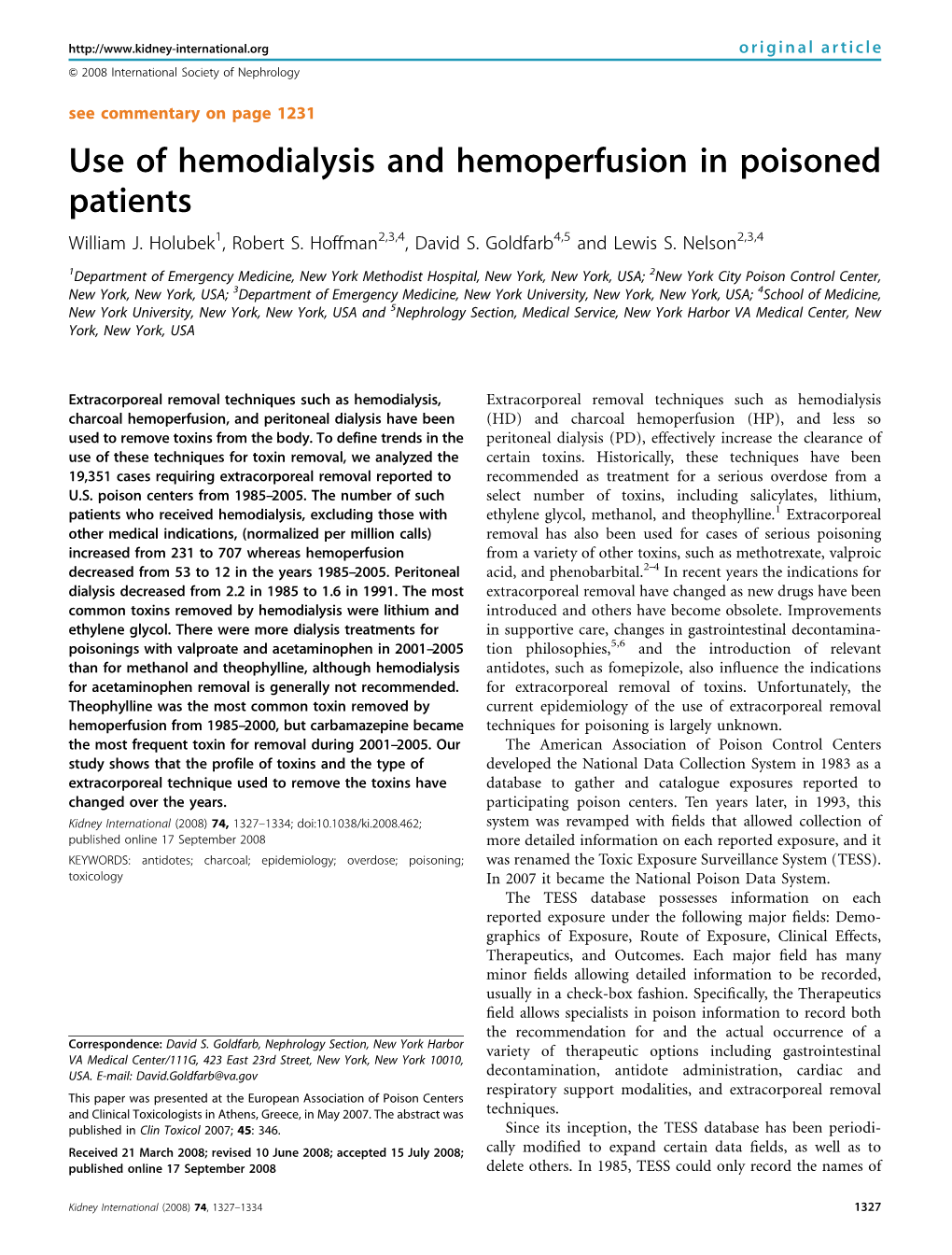 Use of Hemodialysis and Hemoperfusion in Poisoned Patients William J