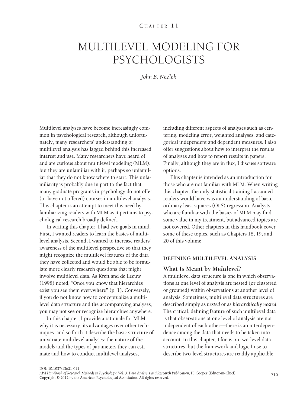 Multilevel Modeling for Psychologists