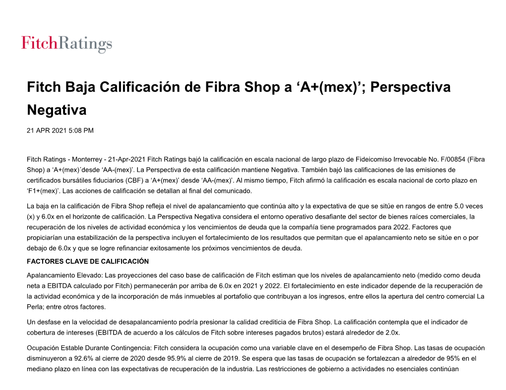 Fitch Baja Calificación De Fibra Shop a 'A+(Mex)'; Perspectiva Negativa