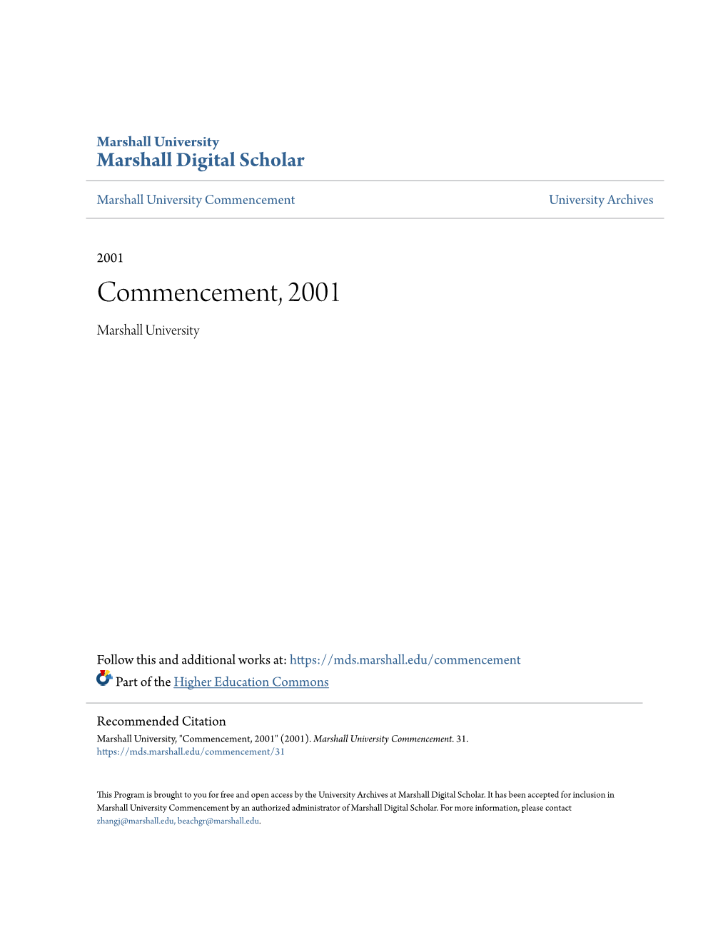 Commencement, 2001 Marshall University