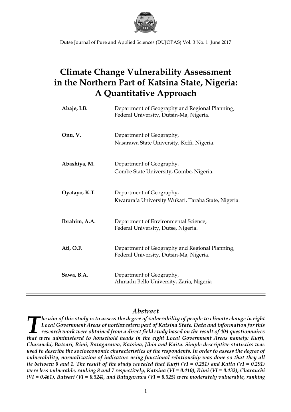Climate Change Vulnerability Assessment in the Northern Part of Katsina State, Nigeria: a Quantitative Approach
