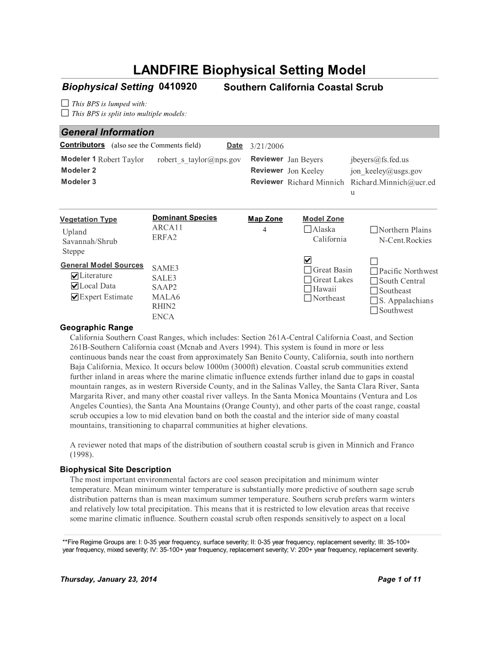 LANDFIRE Biophysical Setting Model Biophysical Setting 0410920 Southern California Coastal Scrub