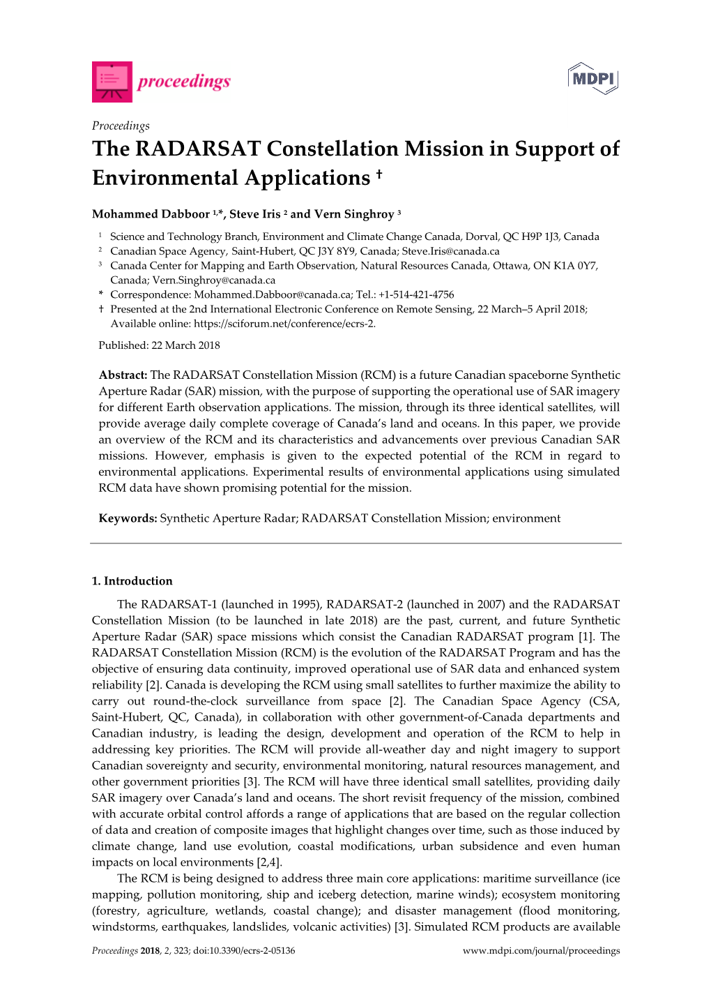 The RADARSAT Constellation Mission in Support of Environmental Applications †