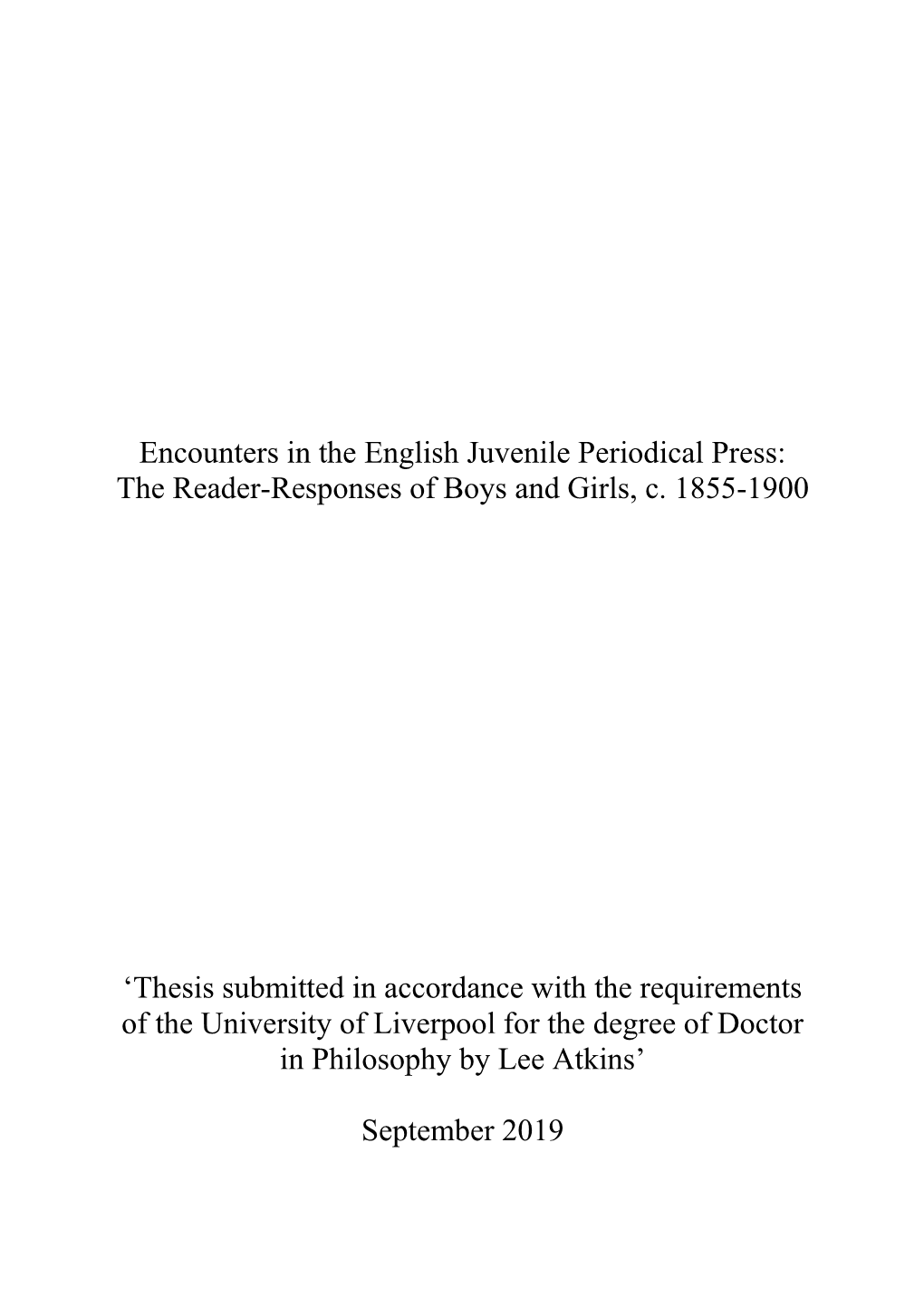 Encounters in the English Juvenile Periodical Press: the Reader-Responses of Boys and Girls, C