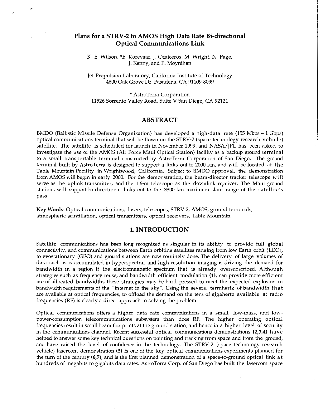 Plans for a STRV-2 to AMOS High Data Rate Bi-Directional Optical Communications Link