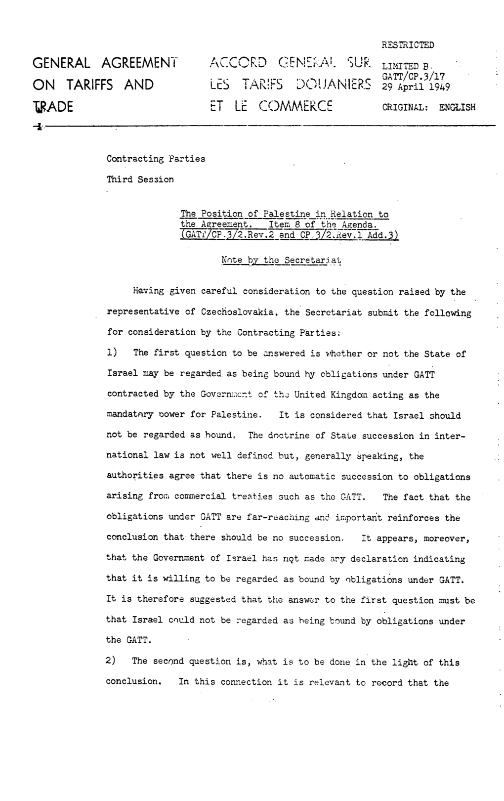 LES TARIFS DOUANIERS 29 April 1949 TRADE ET LE COMMERCE ORIGINAL: ENGLISH