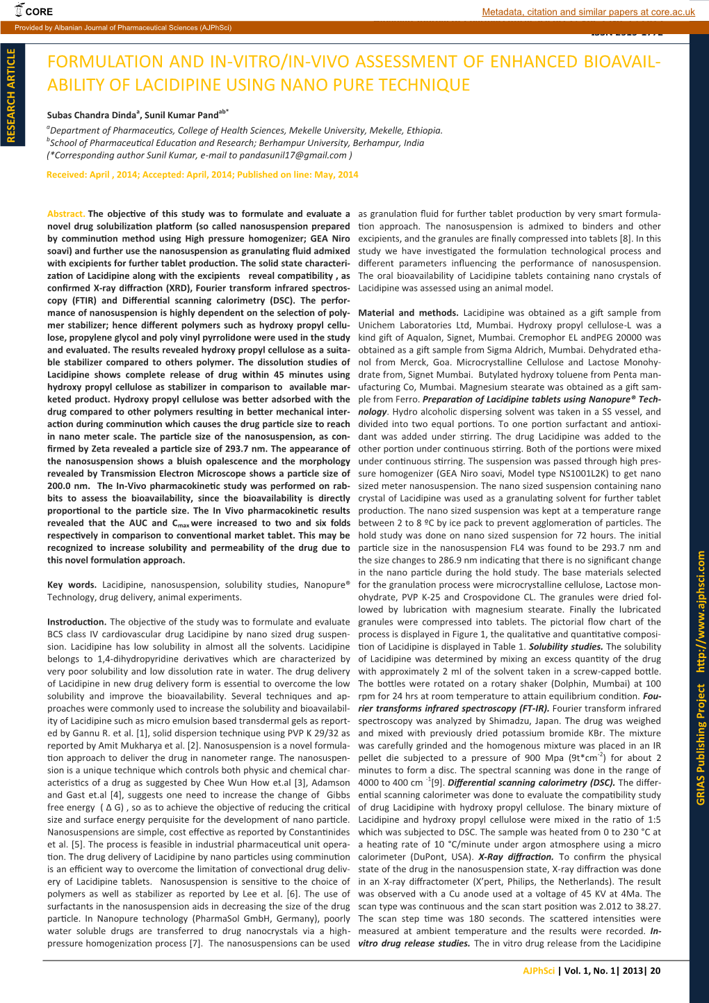 Ability of Lacidipine Using Nano Pure Technique