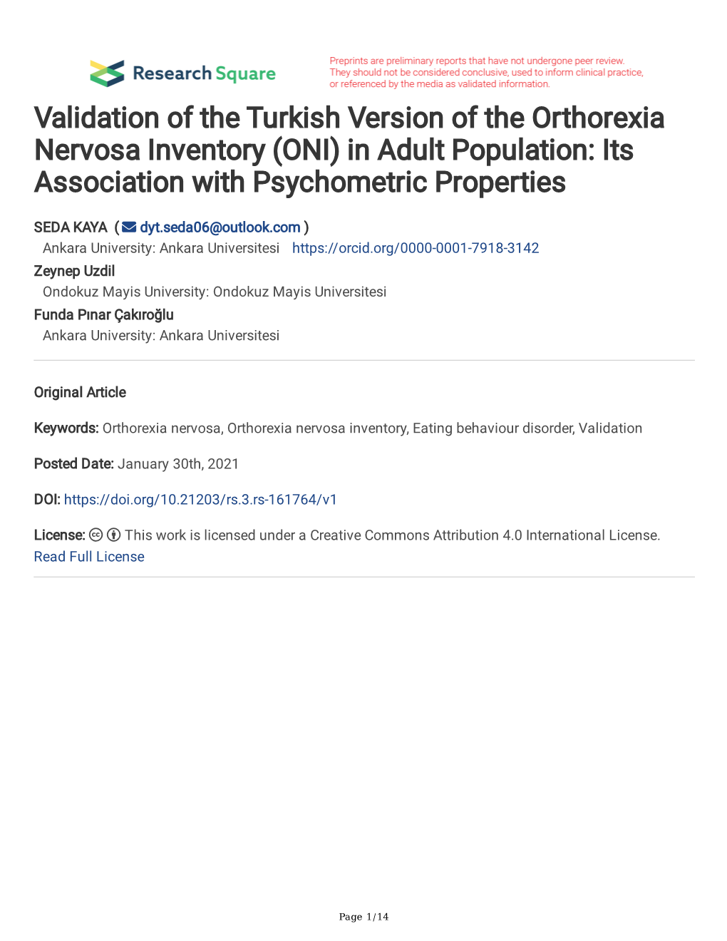 ONI) in Adult Population: Its Association with Psychometric Properties