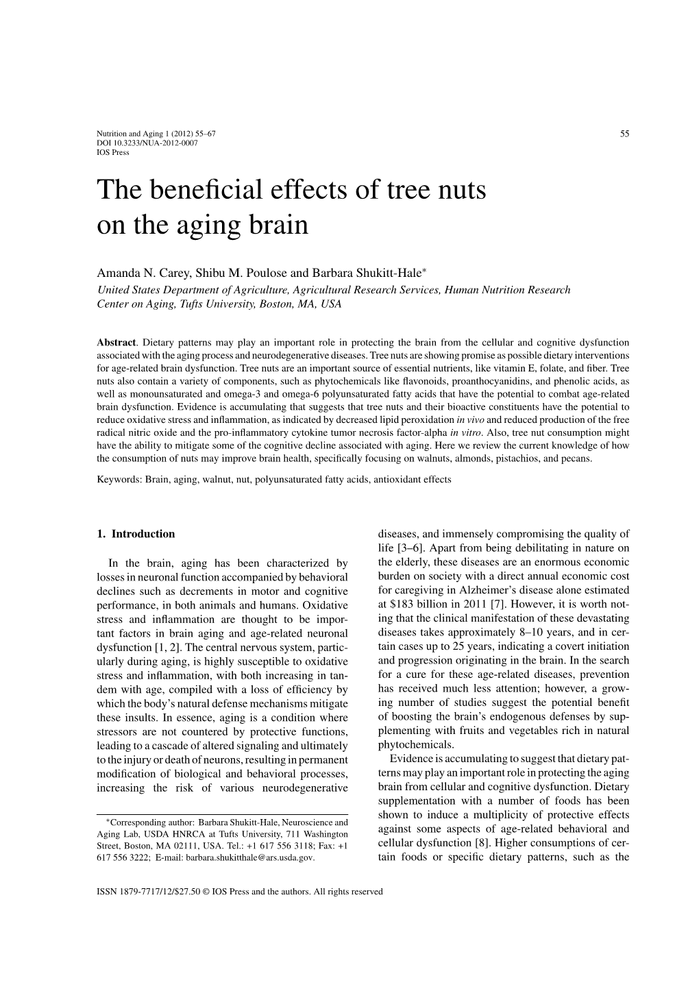 The Beneficial Effects of Tree Nuts on the Aging Brain