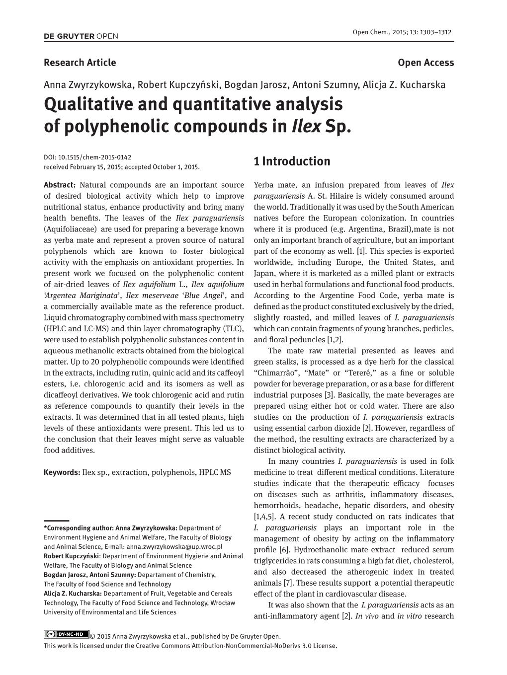 Qualitative and Quantitative Analysis of Polyphenolic Compounds in Ilex Sp