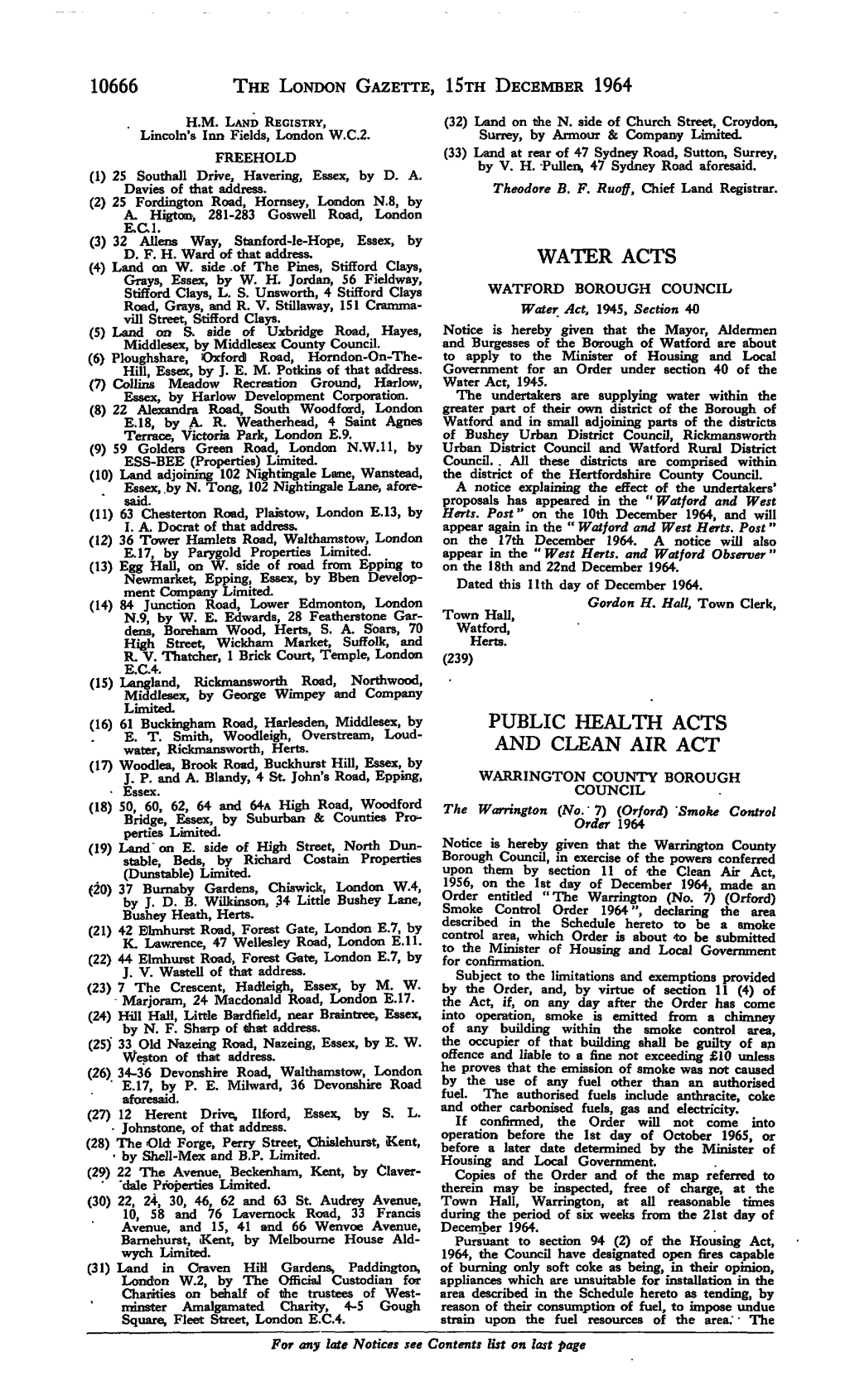 10666 the LONDON GAZETTE, 15Ra DECEMBER 1964 WATER