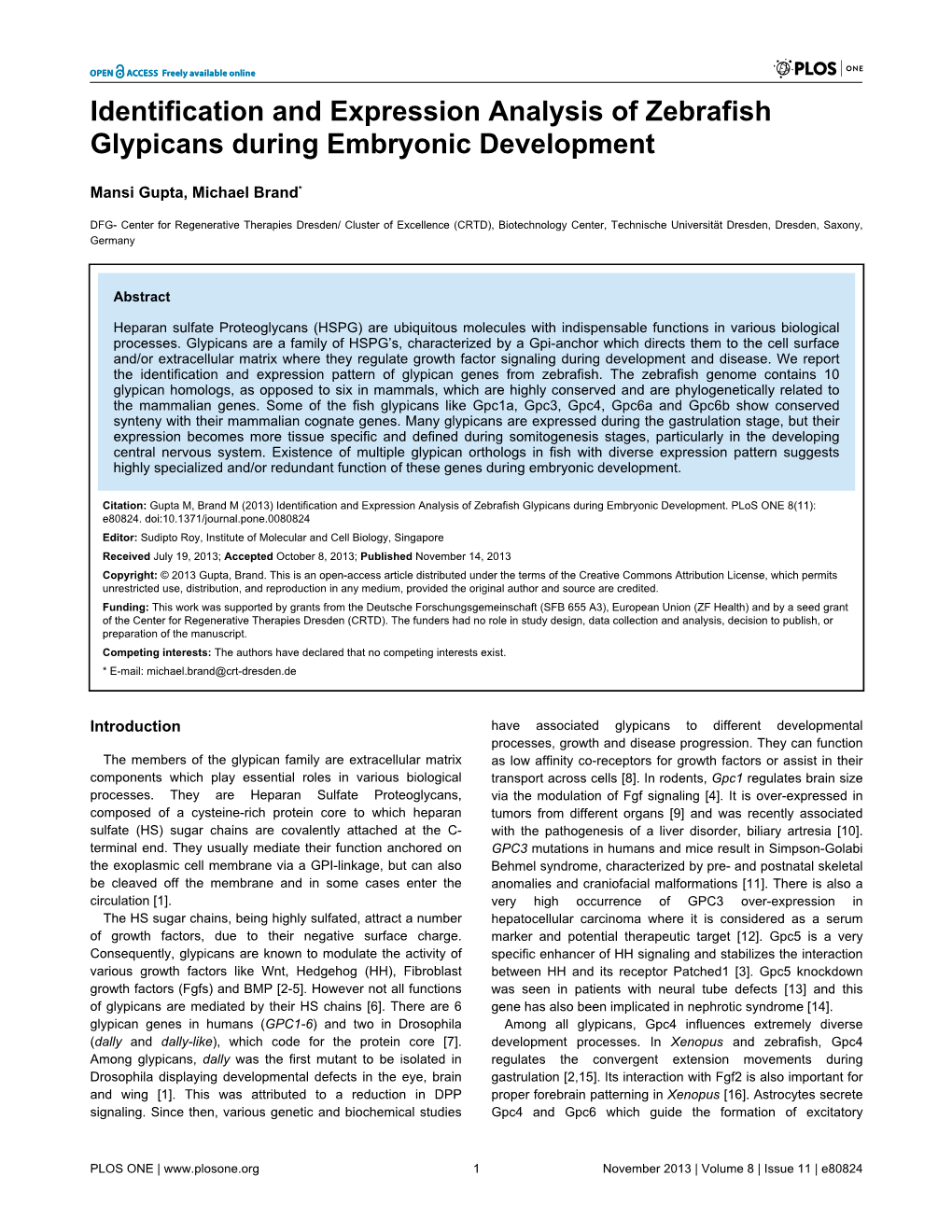 Identification and Expression Analysis of Zebrafish Glypicans During Embryonic Development