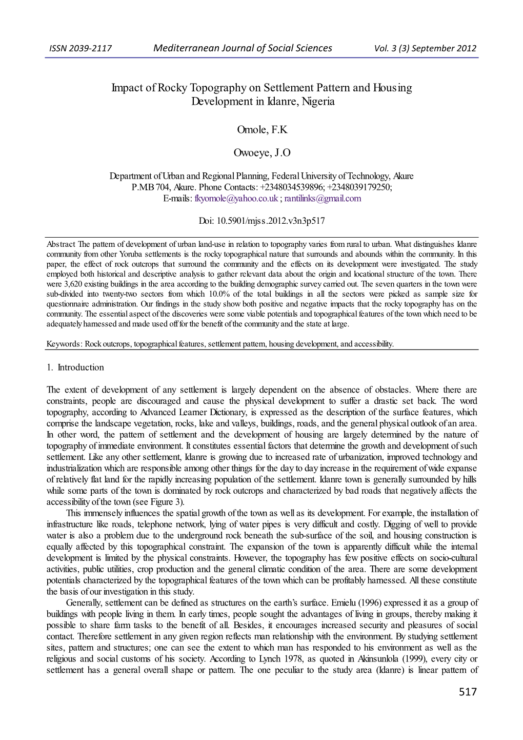 517 Impact of Rocky Topography on Settlement Pattern and Housing