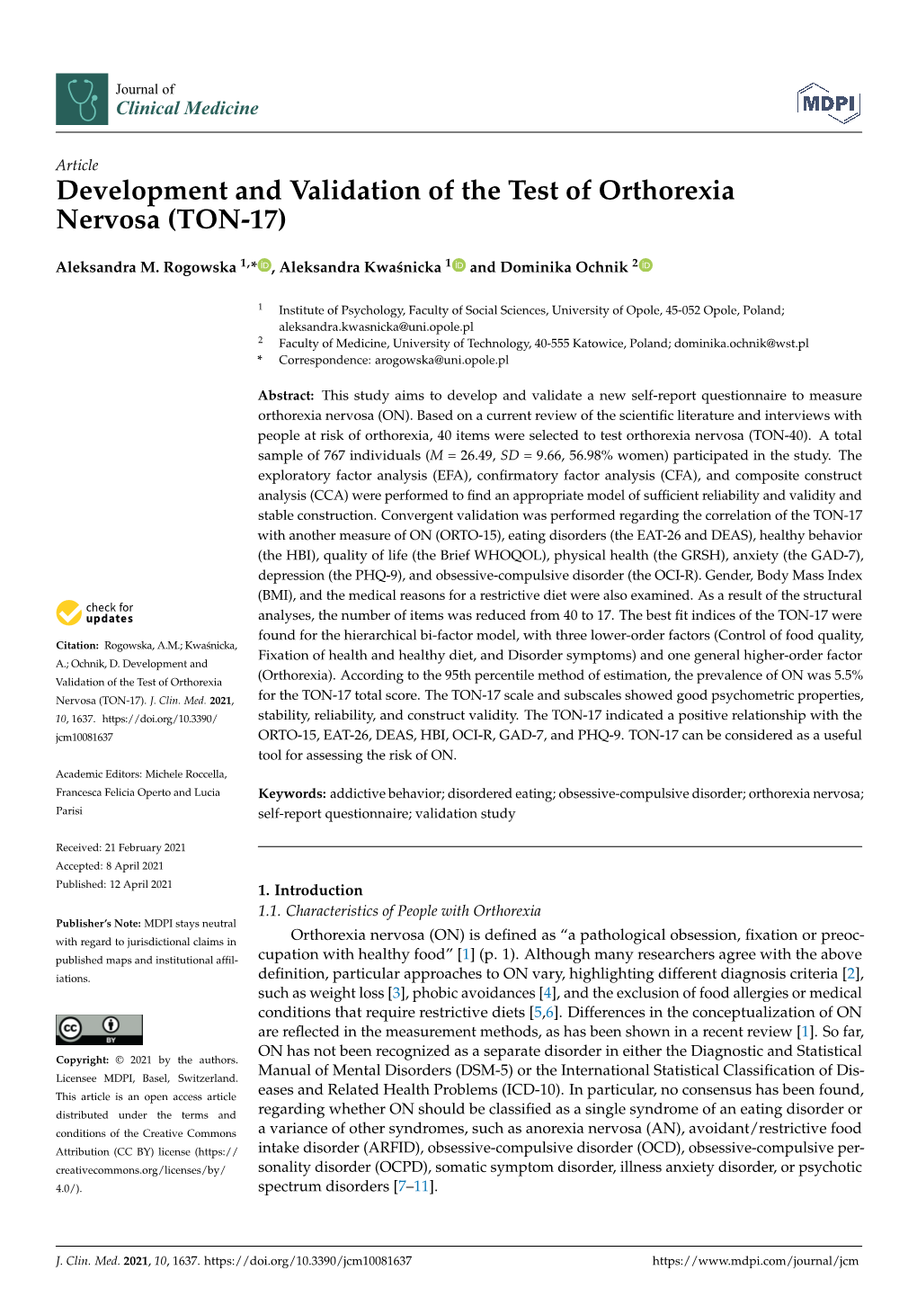 Development and Validation of the Test of Orthorexia Nervosa (TON-17)