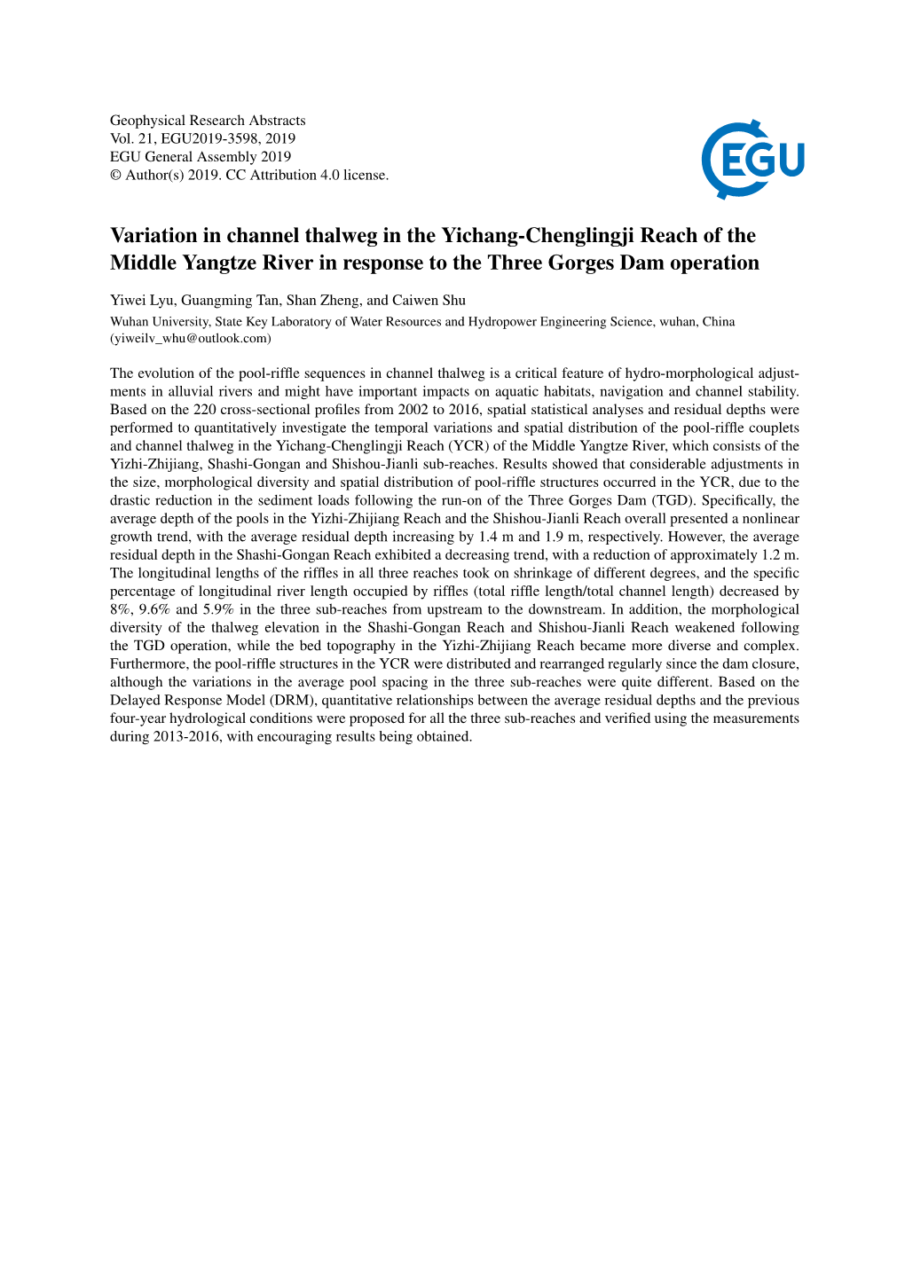 Variation in Channel Thalweg in the Yichang-Chenglingji Reach of the Middle Yangtze River in Response to the Three Gorges Dam Operation