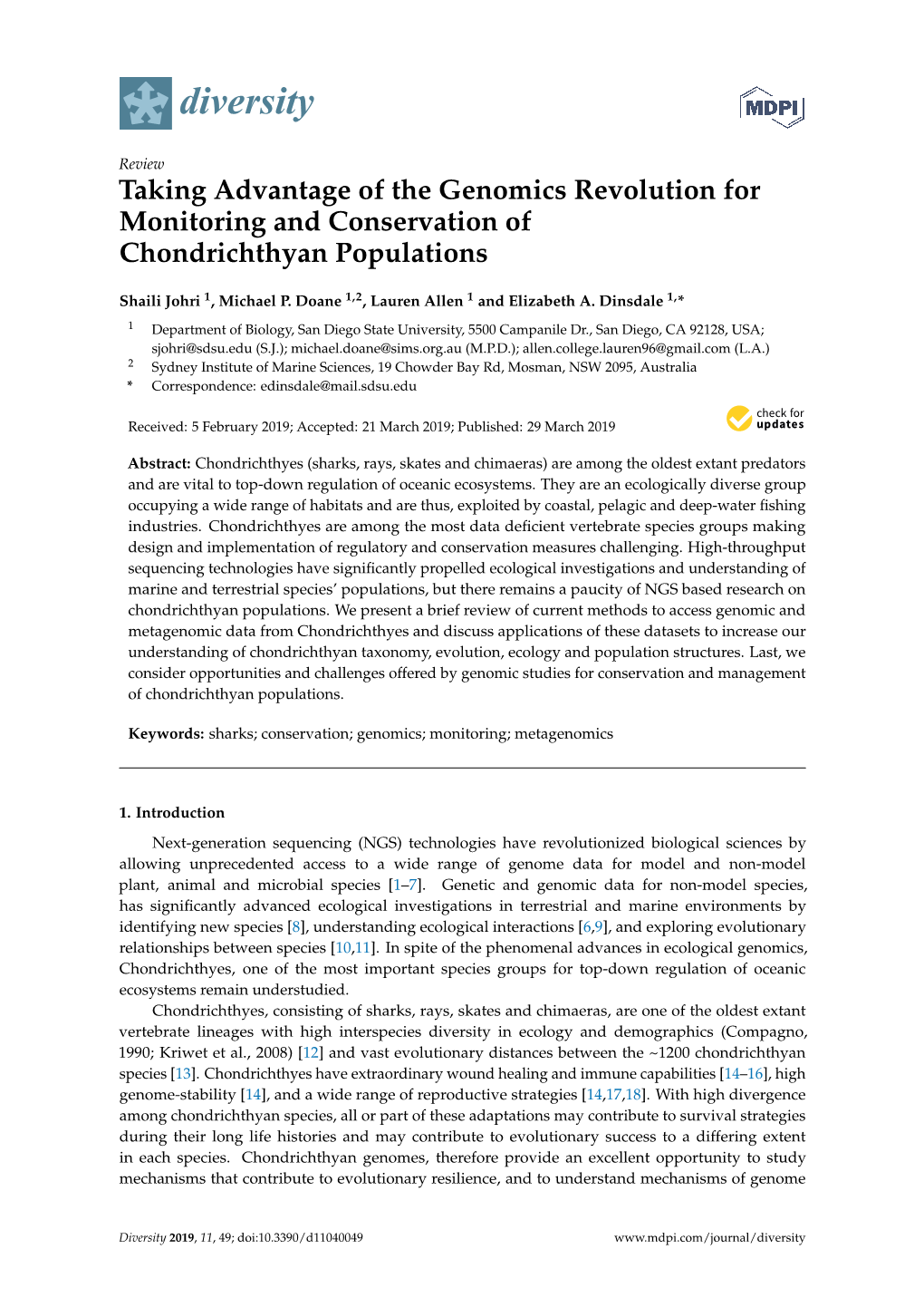 Taking Advantage of the Genomics Revolution for Monitoring and Conservation of Chondrichthyan Populations