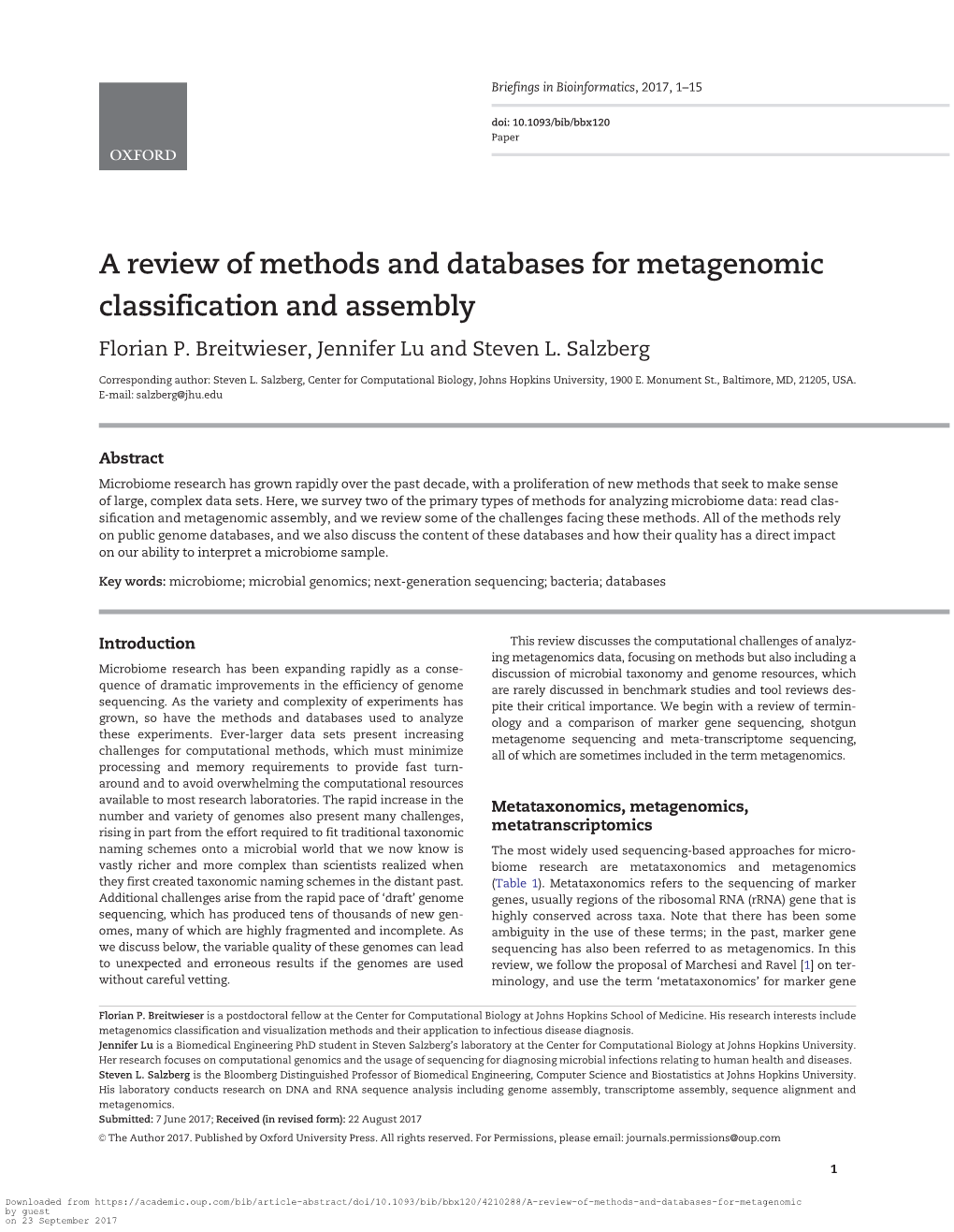 A Review of Methods and Databases for Metagenomic Classification and Assembly Florian P