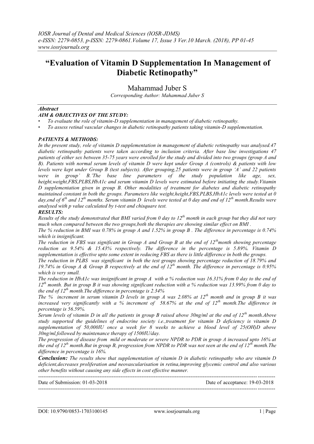 Evaluation of Vitamin D Supplementation in Management of Diabetic Retinopathy”