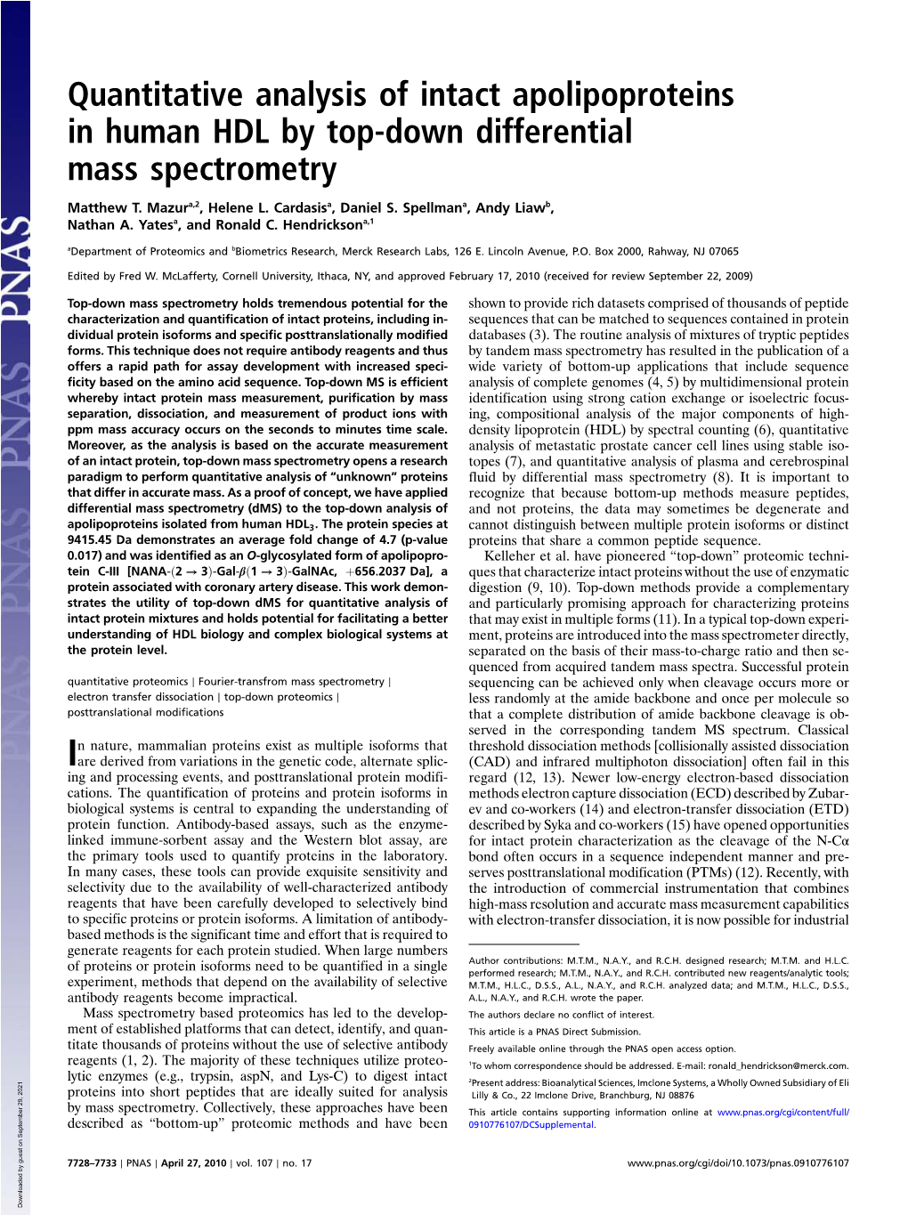 Quantitative Analysis of Intact Apolipoproteins in Human HDL by Top-Down Differential Mass Spectrometry