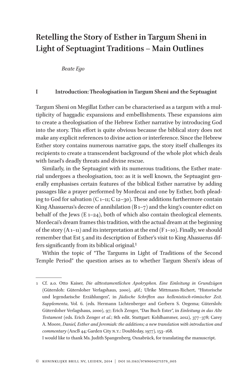 Retelling the Story of Esther in Targum Sheni in Light of Septuagint Traditions – Main Outlines