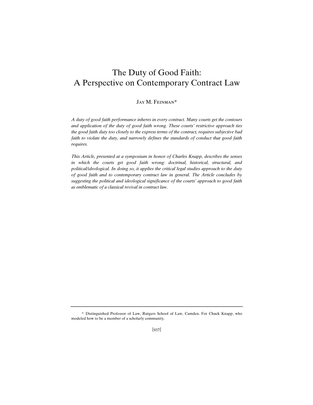 The Duty of Good Faith: a Perspective on Contemporary Contract Law