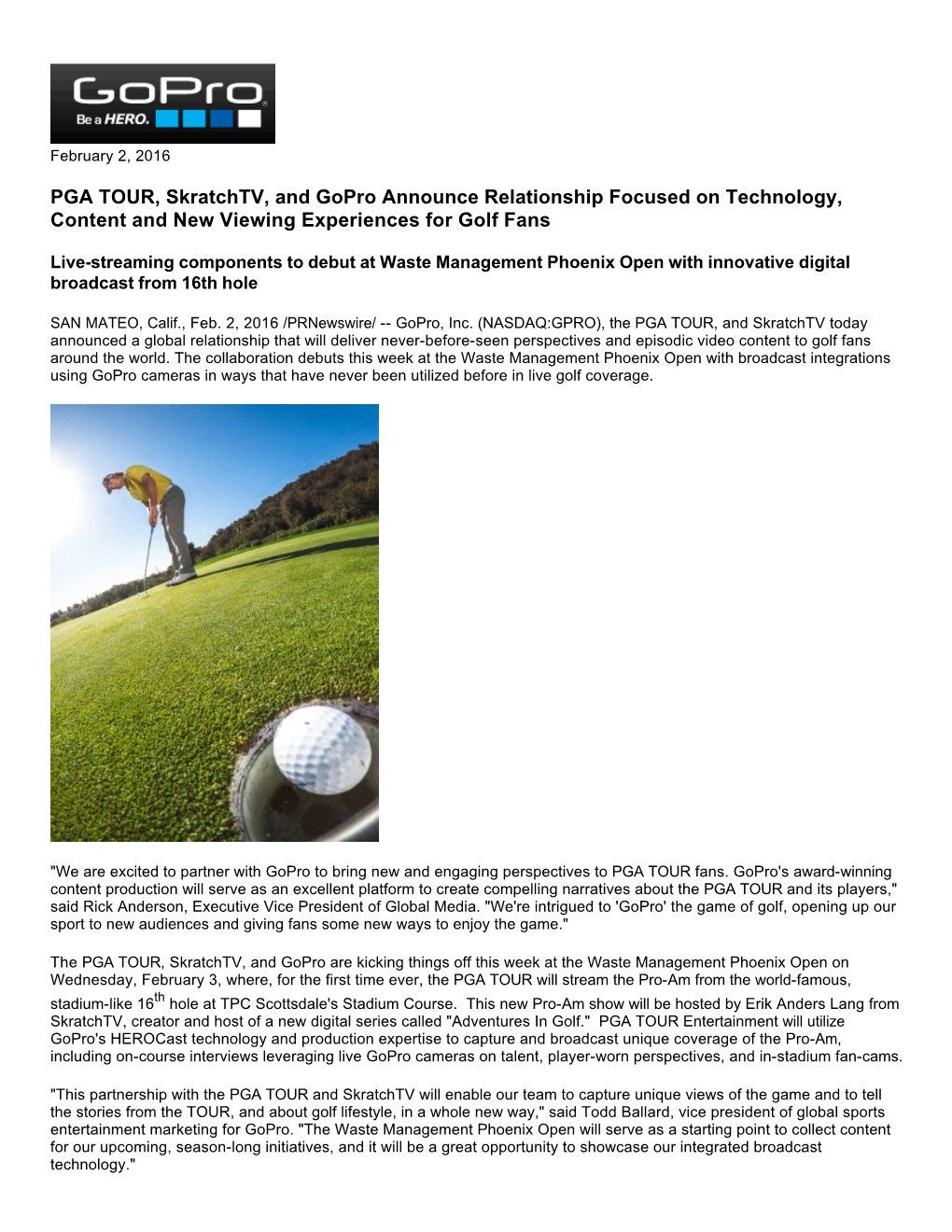 PGA TOUR, Skratchtv, and Gopro Announce Relationship Focused on Technology, Content and New Viewing Experiences for Golf Fans