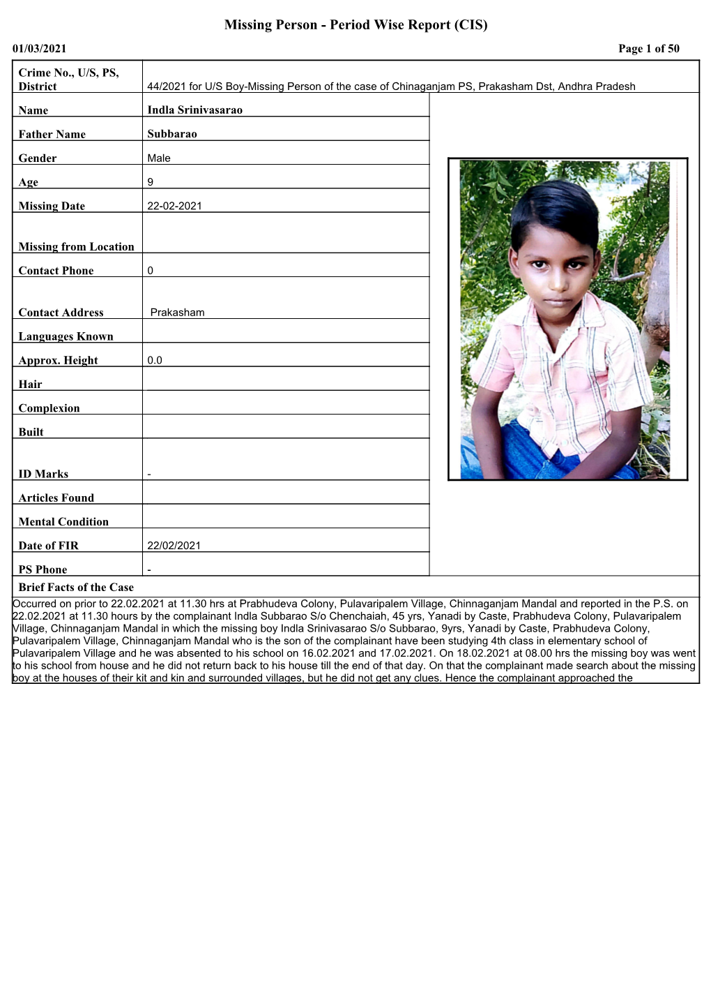 Missing Person - Period Wise Report (CIS) 01/03/2021 Page 1 of 50