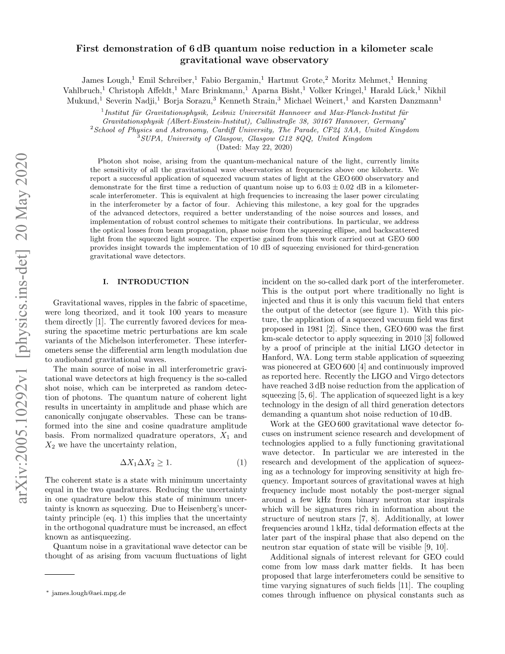 Arxiv:2005.10292V1 [Physics.Ins-Det] 20 May 2020 Tainty Is Known As Squeezing