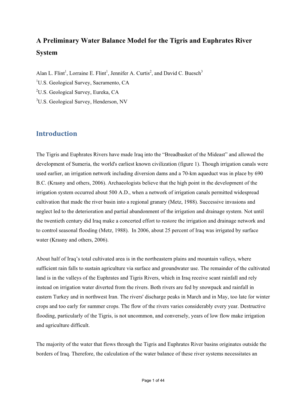 A Preliminary Water Balance Model for the Tigris and Euphrates River System