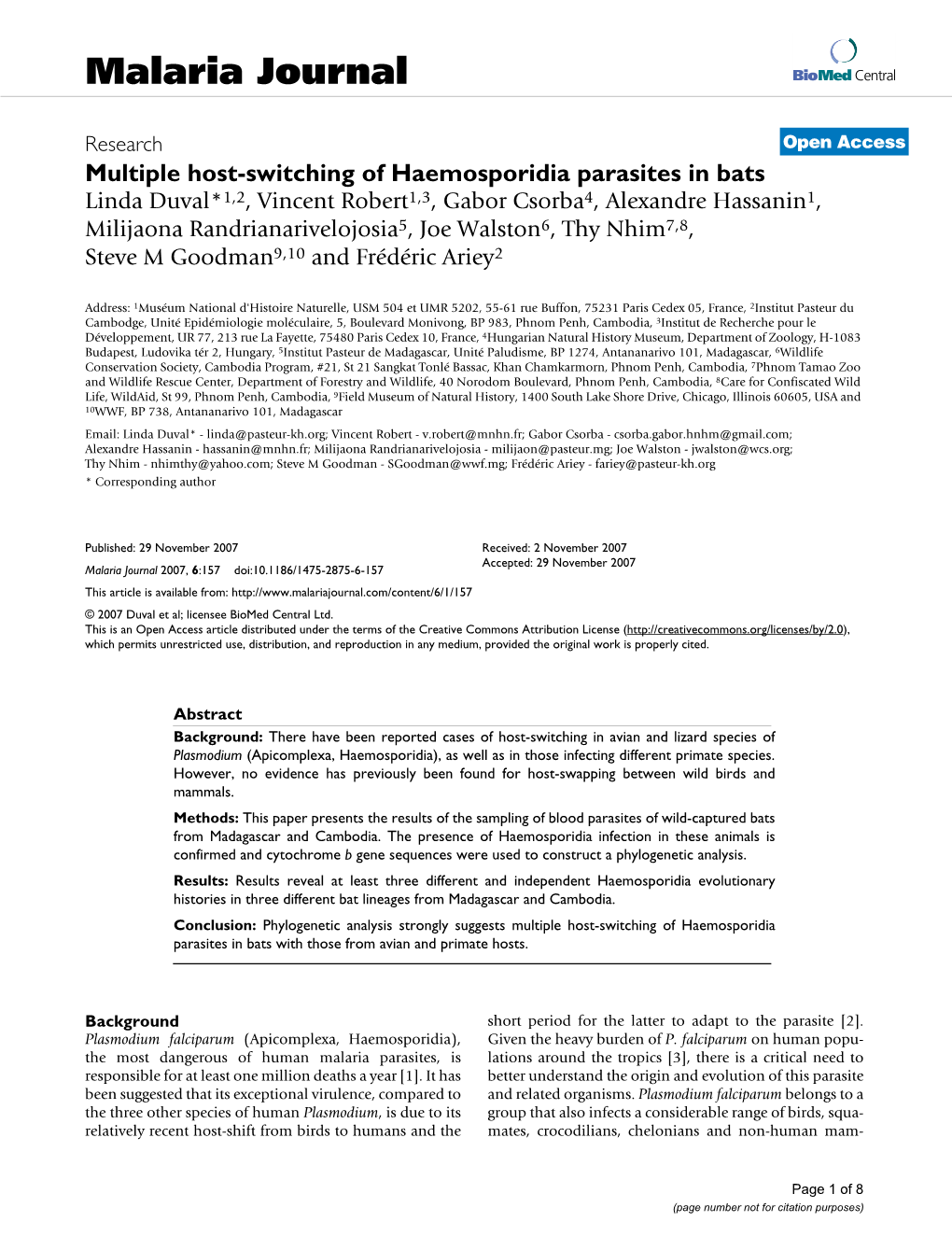 Multiple Host-Switching of Haemosporidia Parasites in Bats