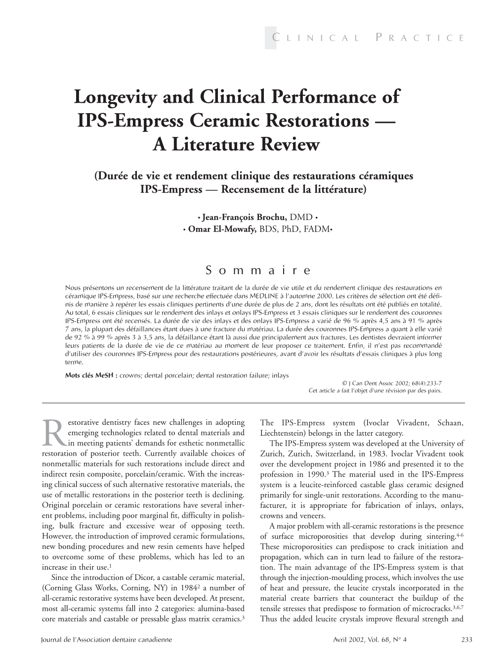 Longevity and Clinical Performance of IPS-Empress Ceramic Restorations — a Literature Review