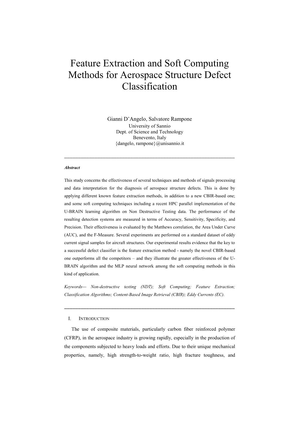 Feature Extraction and Soft Computing Methods for Aerospace Structure Defect Classification