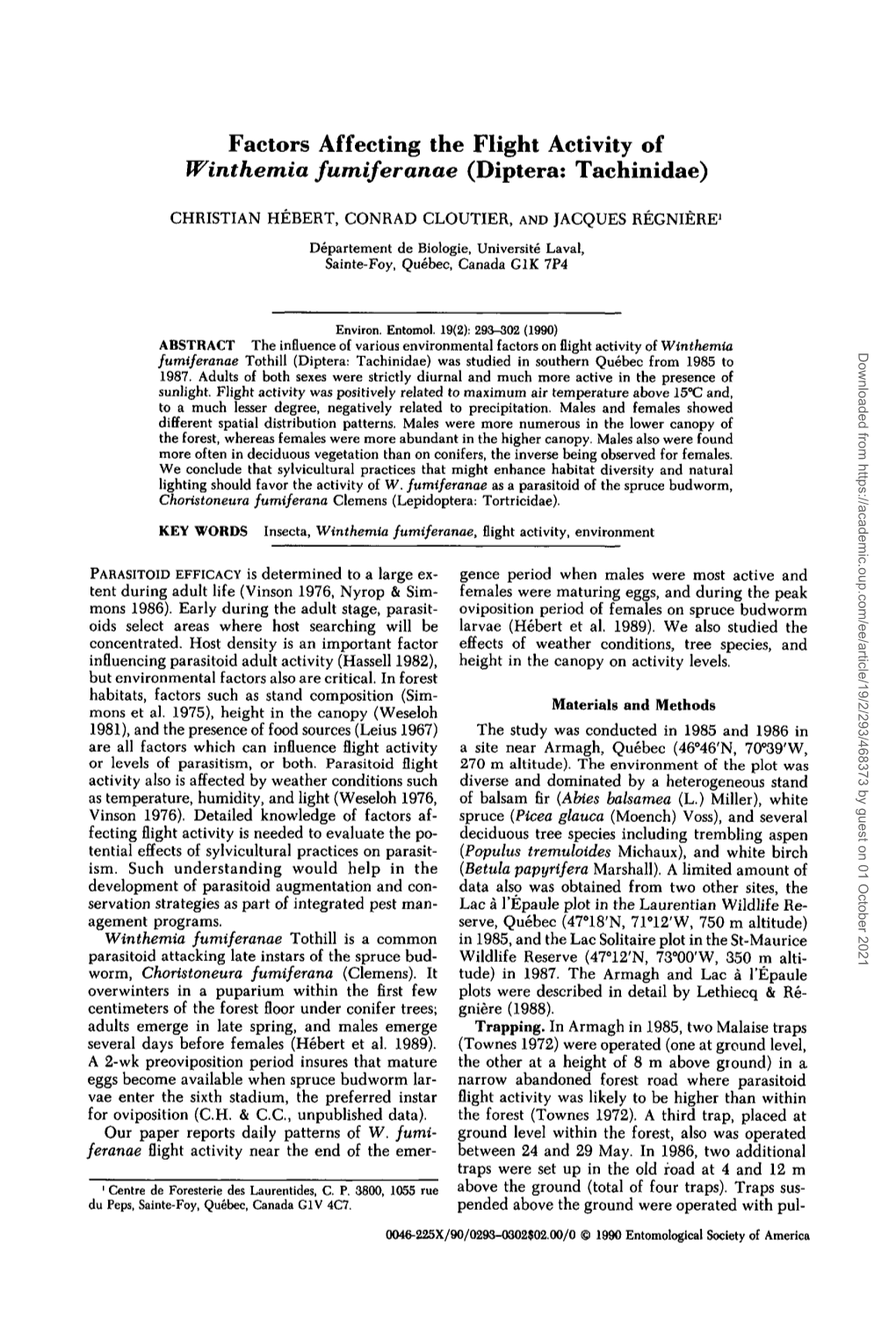 Factors Affecting the Flight Activity of &lt;I&gt;Winthemia Fumiferanae&lt;/I